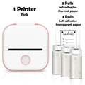 Pink printer with self-adhesive thermal and transparent paper rolls on a white background