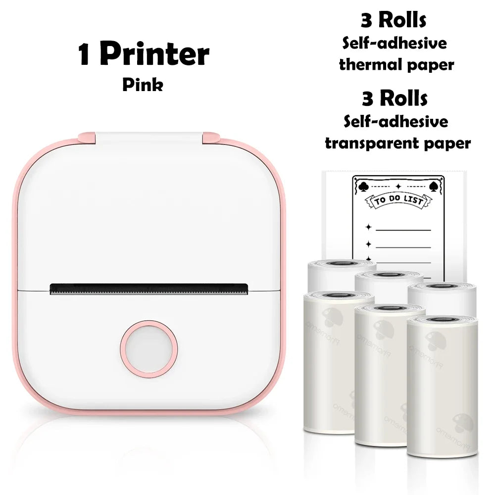 Pink printer with self-adhesive thermal and transparent paper rolls on a white background