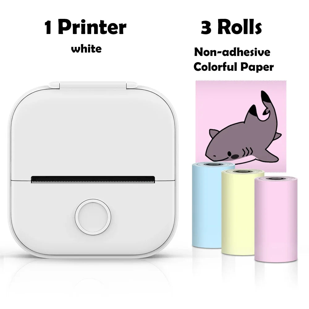 White printer with three rolls of non-adhesive colorful paper on a white background