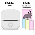 White printer with three rolls of non-adhesive colorful paper on a white background