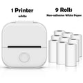 White printer with nine rolls of non-adhesive white paper on a white background