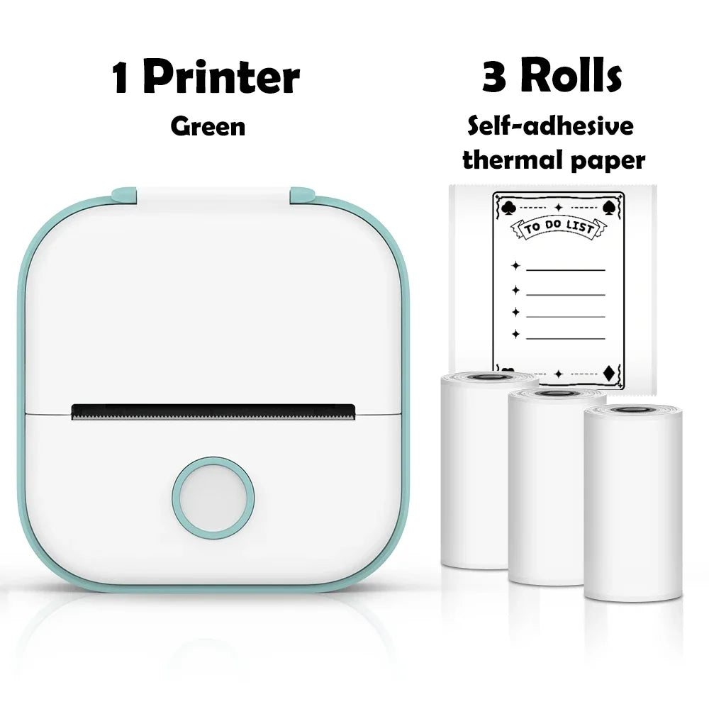 Green printer with three rolls of self-adhesive thermal paper on a white background