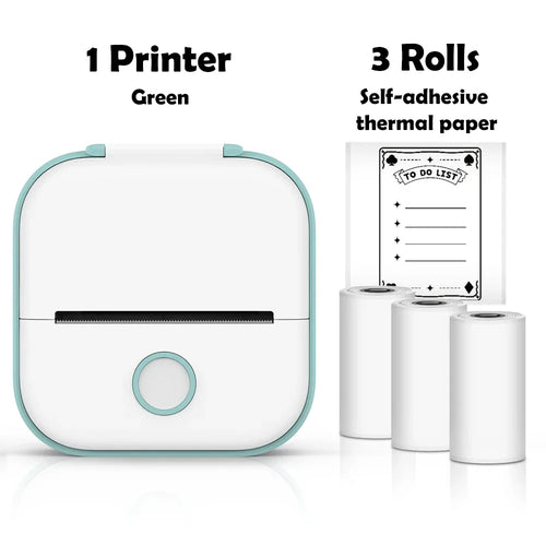Green printer with three rolls of self-adhesive thermal paper on a white background
