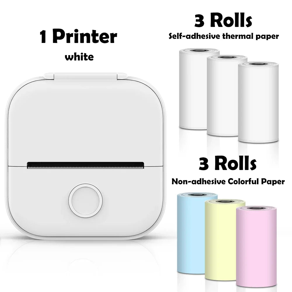 White printer with three rolls of self-adhesive thermal paper and three rolls of non-adhesive colorful paper on a white background.