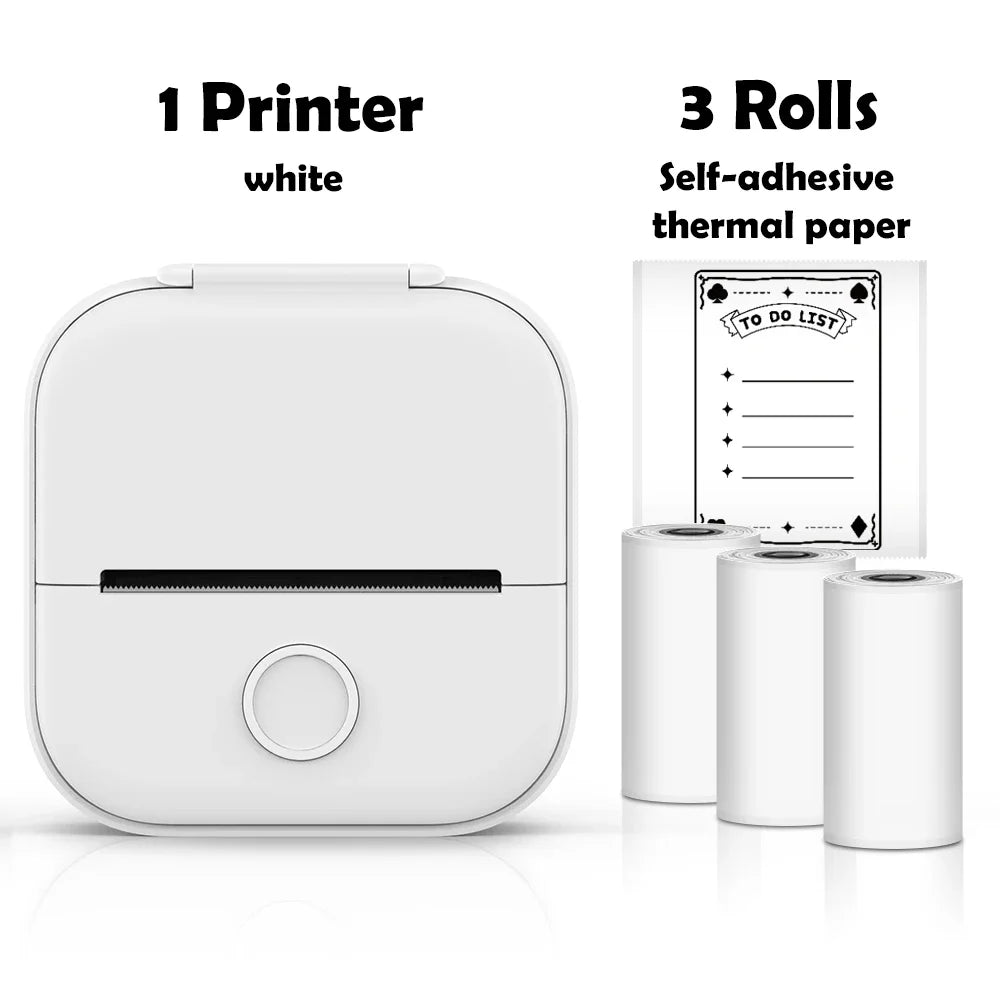 White portable printer with three rolls of self-adhesive thermal paper on a white background