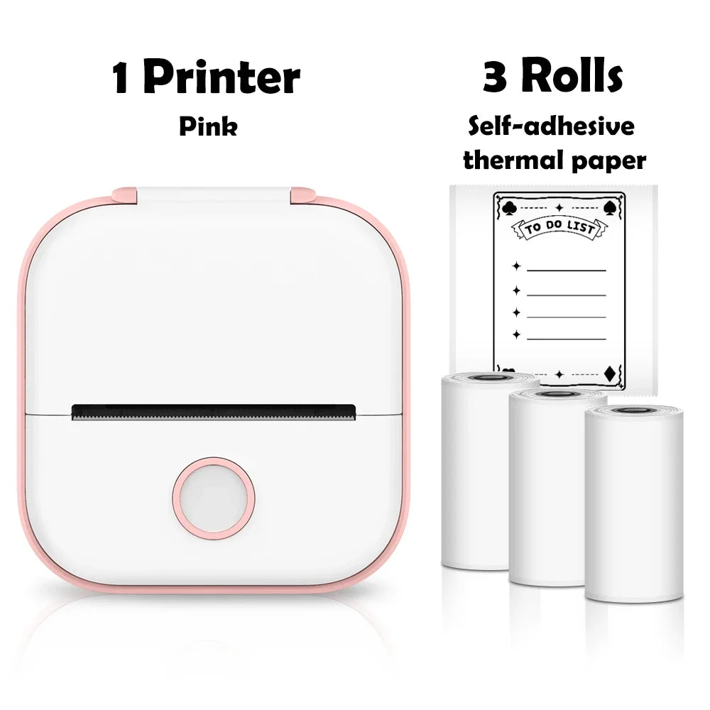 Pink printer with three rolls of self-adhesive thermal paper on a white background
