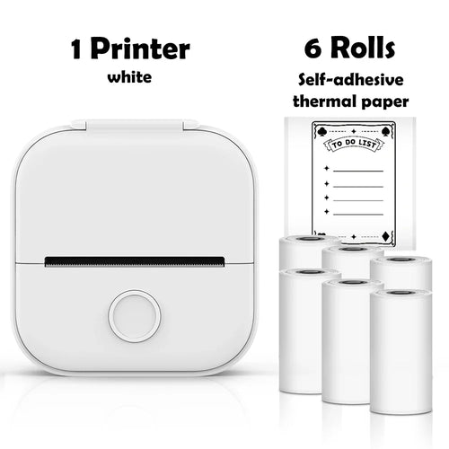 White printer with six rolls of self-adhesive thermal paper on a white background