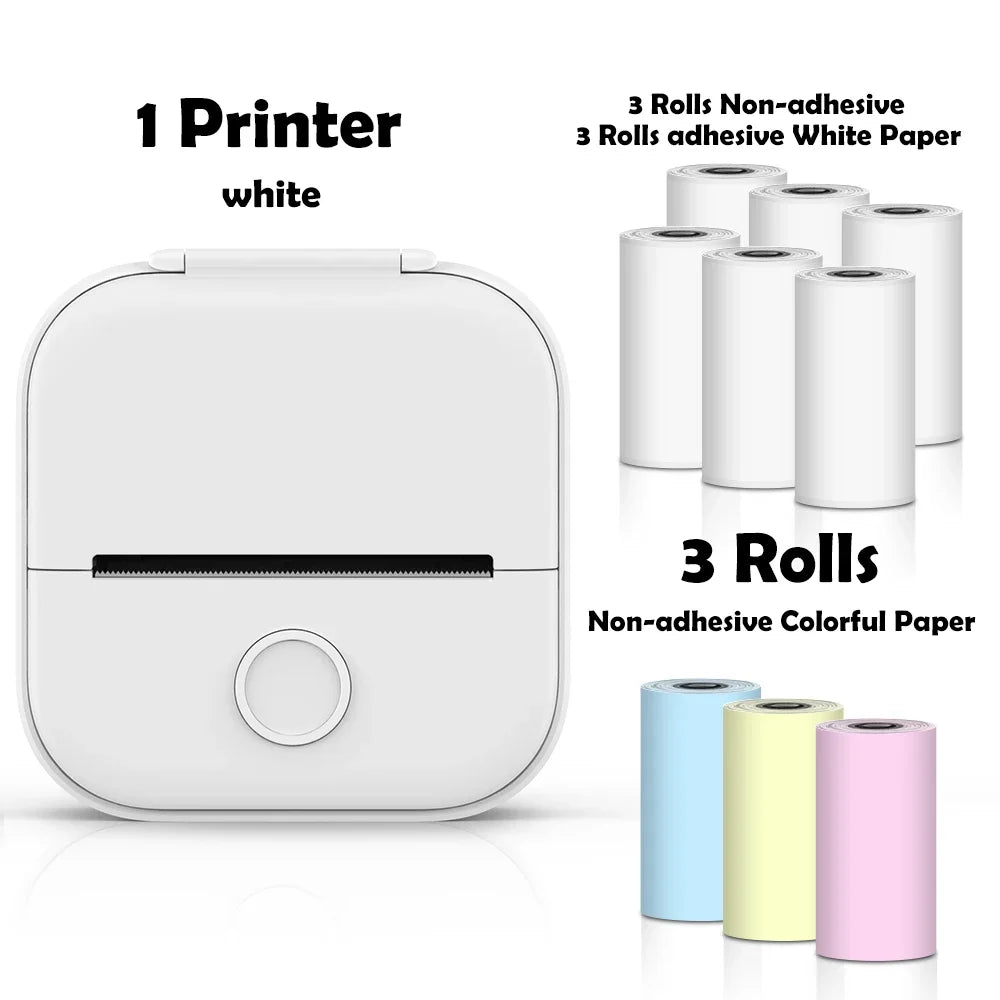 White printer with rolls of white, colorful, and non-adhesive paper on a white background