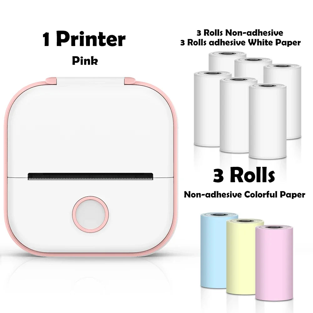 Pink printer with white, colorful paper rolls on a white background