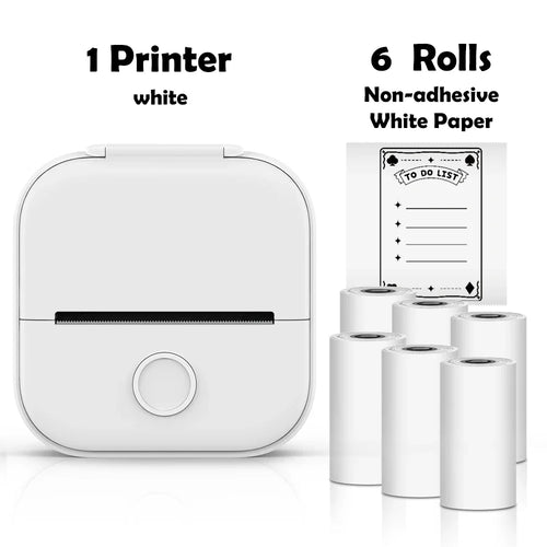 White printer with six rolls of non-adhesive white paper on a white background