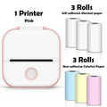 Pink printer with three rolls of self-adhesive thermal paper and three rolls of non-adhesive colorful paper on a white background.