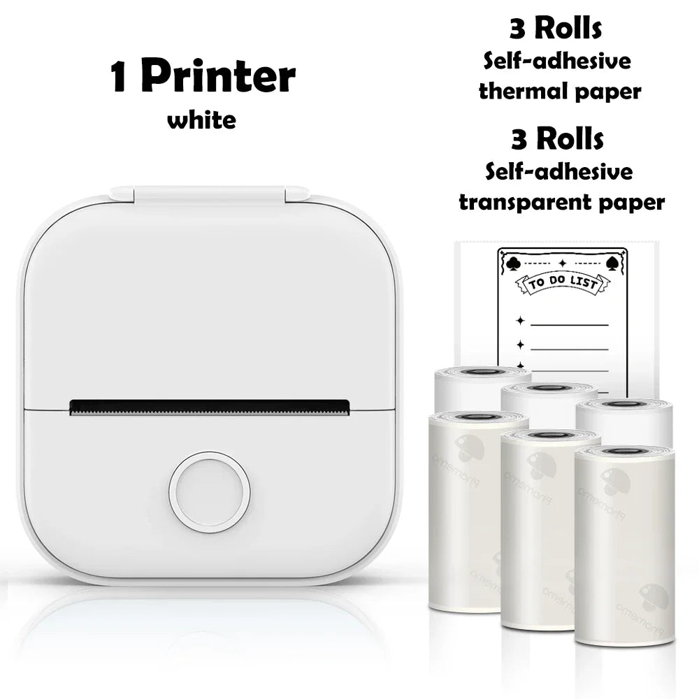 White printer with three rolls of self-adhesive thermal paper and three rolls of self-adhesive transparent paper on a white background.