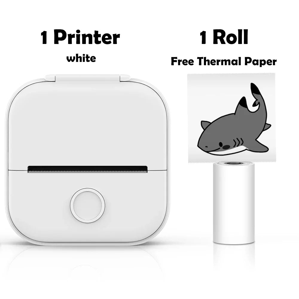 White label printer with a roll of thermal paper featuring a shark design on a white background.