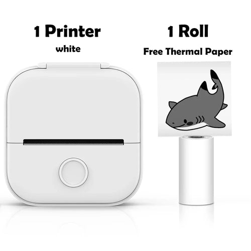 White label printer with a roll of thermal paper featuring a shark design on a white background.
