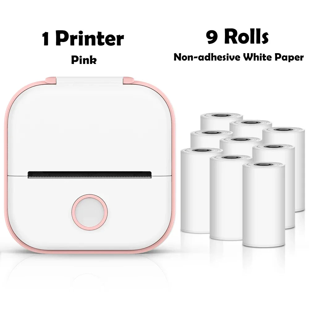 Pink printer with nine rolls of non-adhesive white paper on a white background